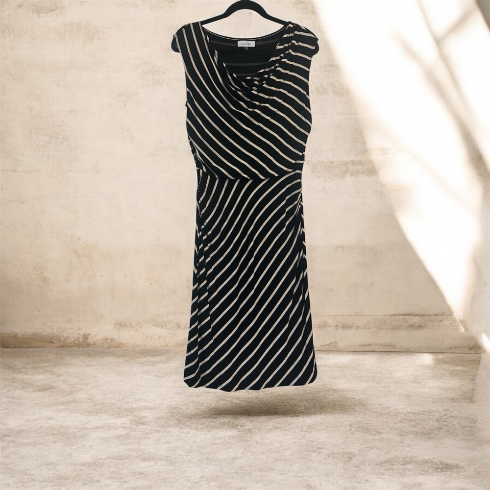 Calvin Klein Black White Striped Cowl Neck Jersey Dress Small